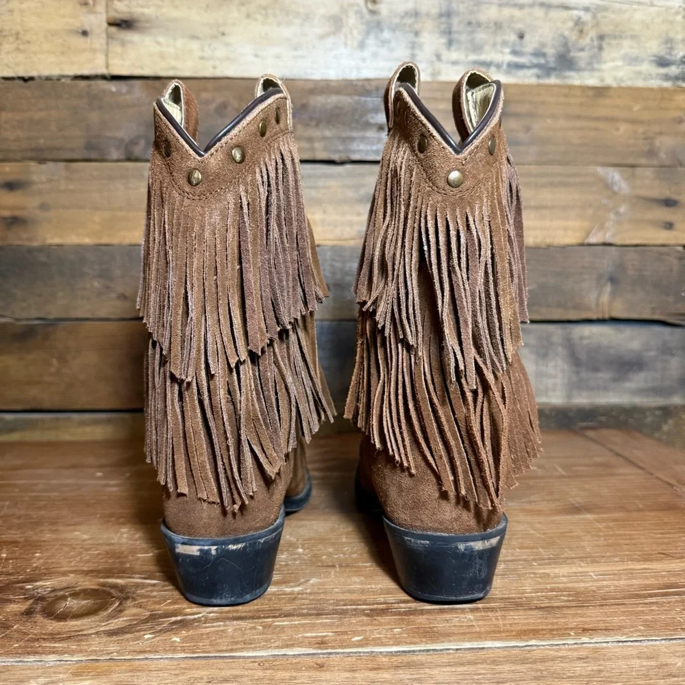 Shyanne‎ Girls' Double-Fringe Cowboy Boot Snip Toe Brown Suede Leather Size 3.